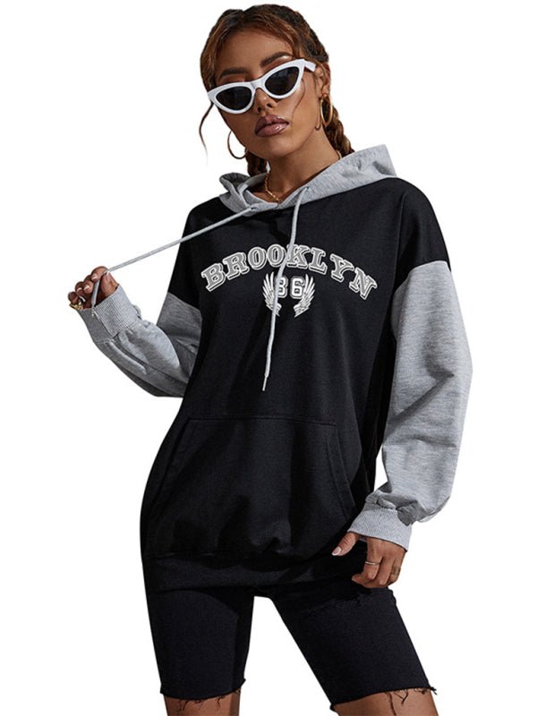 Sweat-shirt à capuche avec lettres imprimées color block pour femmes