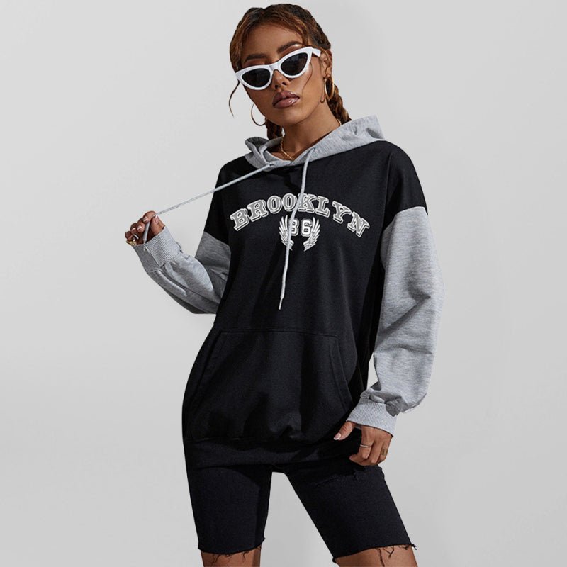 Sweat-shirt à capuche avec lettres imprimées color block pour femmes