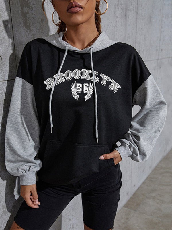 Sweat-shirt à capuche avec lettres imprimées color block pour femmes