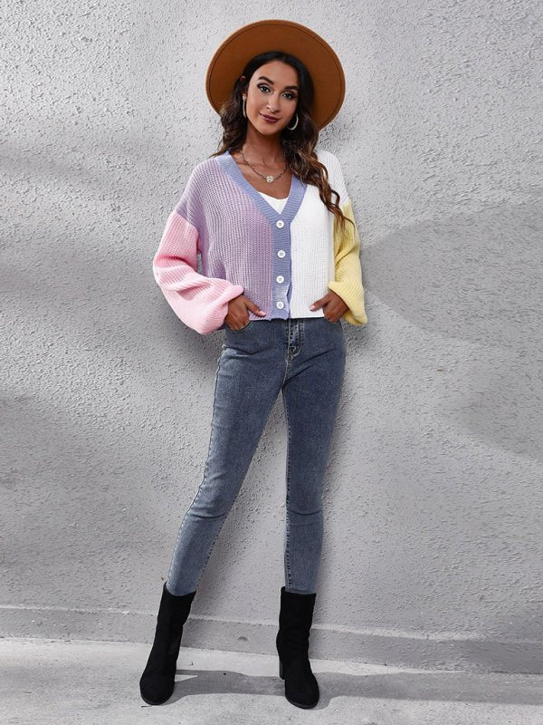 Cardigan tricoté de couleur contrastée pour femme, pull court assorti