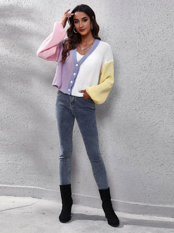 Cardigan tricoté de couleur contrastée pour femme, pull court assorti