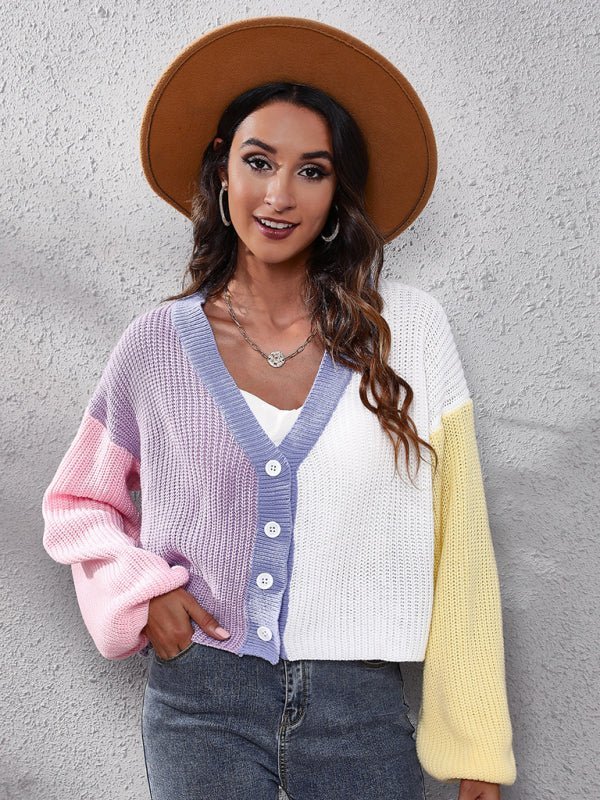 Cardigan tricoté de couleur contrastée pour femme, pull court assorti
