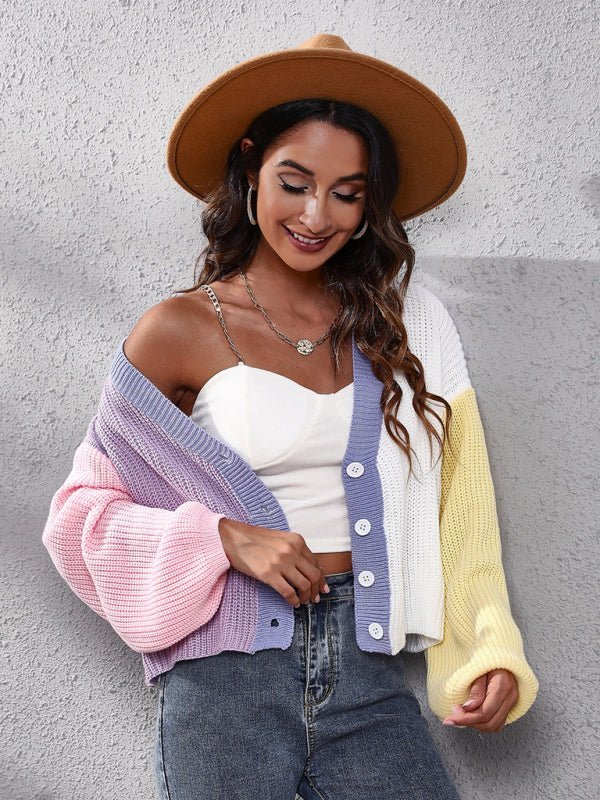 Cardigan tricoté de couleur contrastée pour femme, pull court assorti