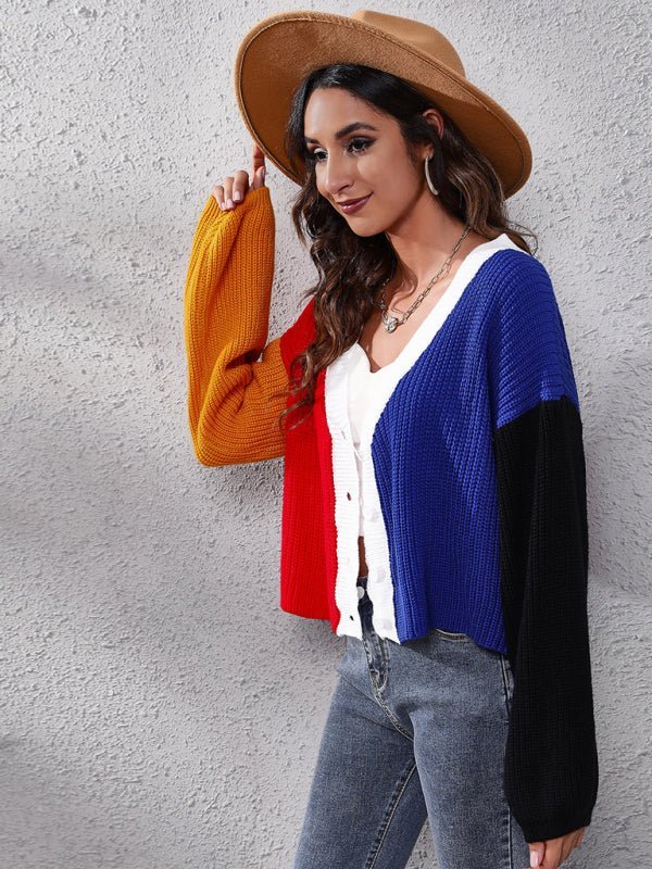 Cardigan tricoté de couleur contrastée pour femme, pull court assorti