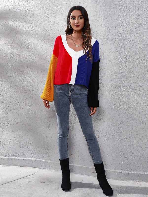 Cardigan tricoté de couleur contrastée pour femme, pull court assorti