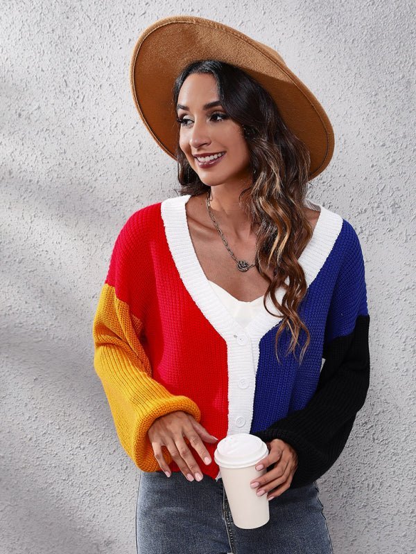 Cardigan tricoté de couleur contrastée pour femme, pull court assorti
