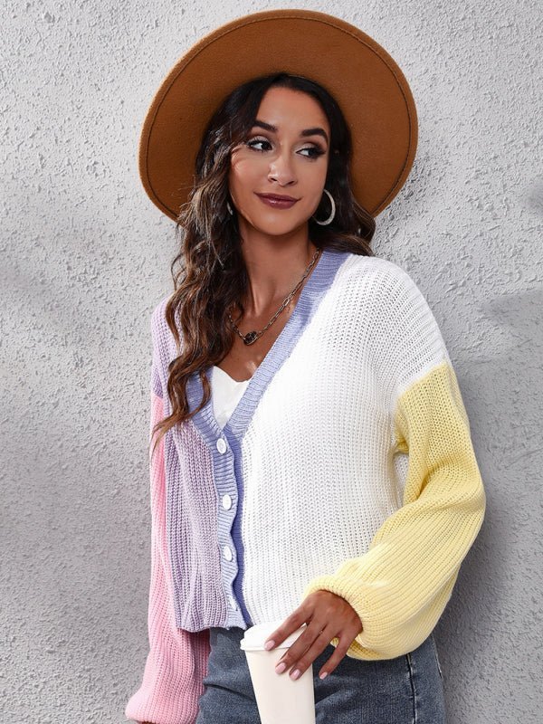 Cardigan tricoté de couleur contrastée pour femme, pull court assorti