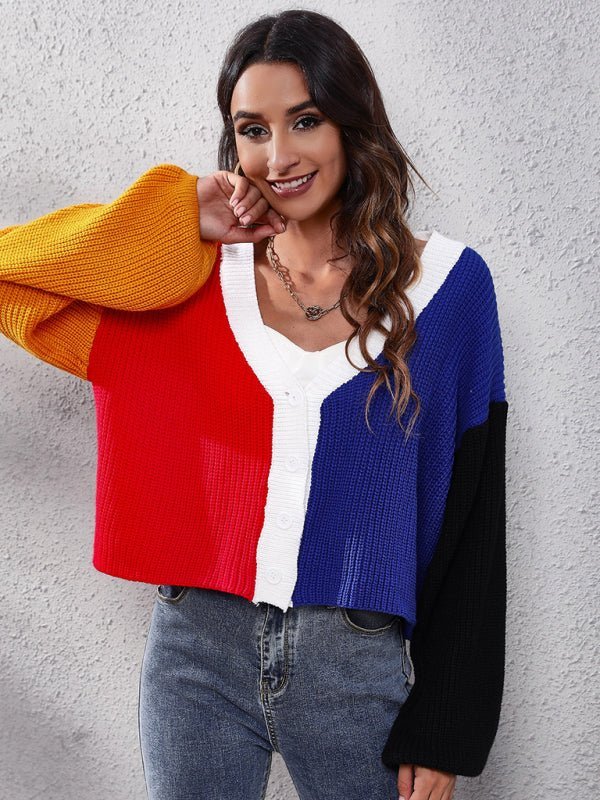 Cardigan tricoté de couleur contrastée pour femme, pull court assorti