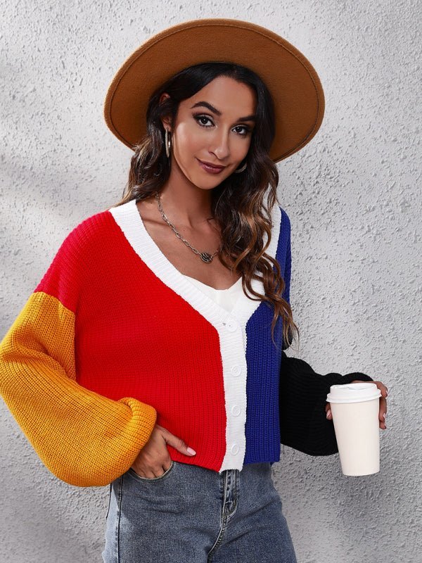 Cardigan tricoté de couleur contrastée pour femme, pull court assorti