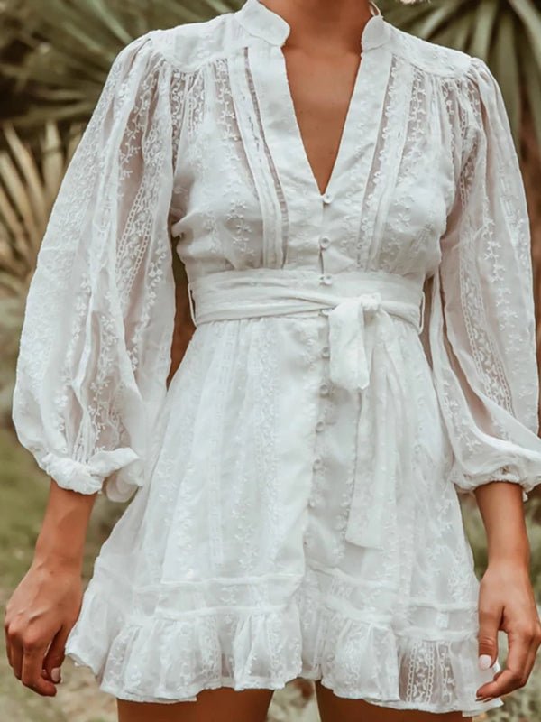 Damenkleid mit V-Ausschnitt und langen Ärmeln, einfarbig, süßer Spitzen-Rüschenrock