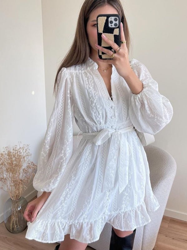 Damenkleid mit V-Ausschnitt und langen Ärmeln, einfarbig, süßer Spitzen-Rüschenrock