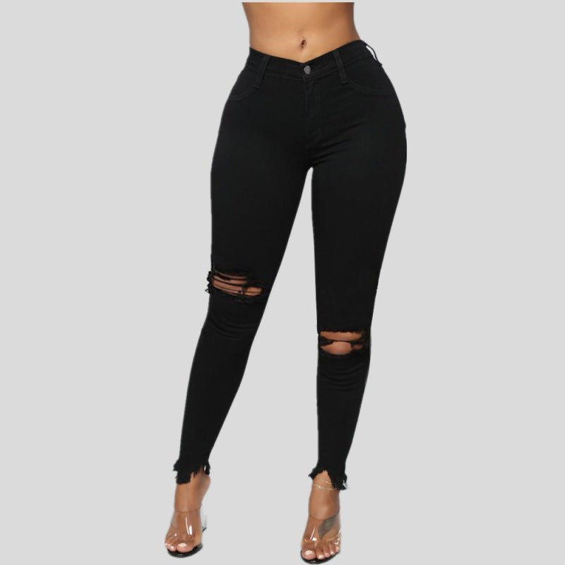 Pantalon long en denim de couleur unie déchiré élastique pour femme