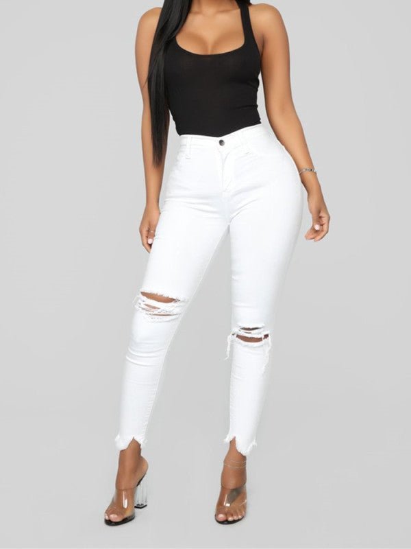 Pantalon long en denim de couleur unie déchiré élastique pour femme
