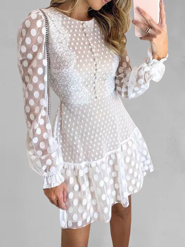 Elegantes, langärmliges Kleid aus Spitze mit gepunkteten Nähten für Damen