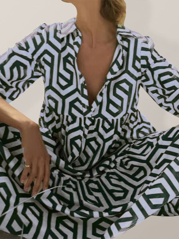 Damenmode dreidimensionales Musterdruck-Langarm-Hemdkleid mit mittlerer Taille und Reverskragen