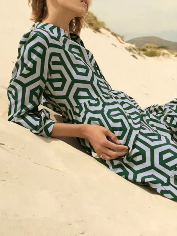 Damenmode dreidimensionales Musterdruck-Langarm-Hemdkleid mit mittlerer Taille und Reverskragen