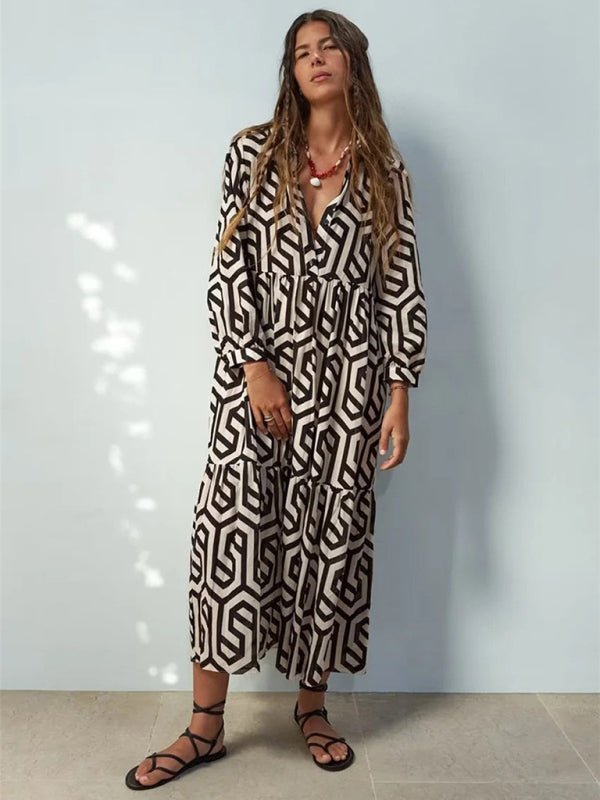 Damenmode dreidimensionales Musterdruck-Langarm-Hemdkleid mit mittlerer Taille und Reverskragen