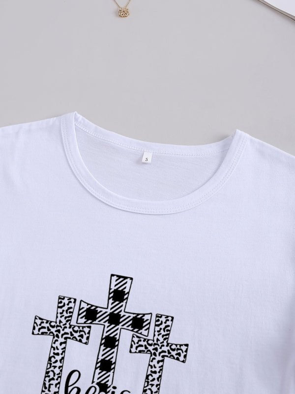 T-shirt tricoté à manches courtes et col rond pour femme