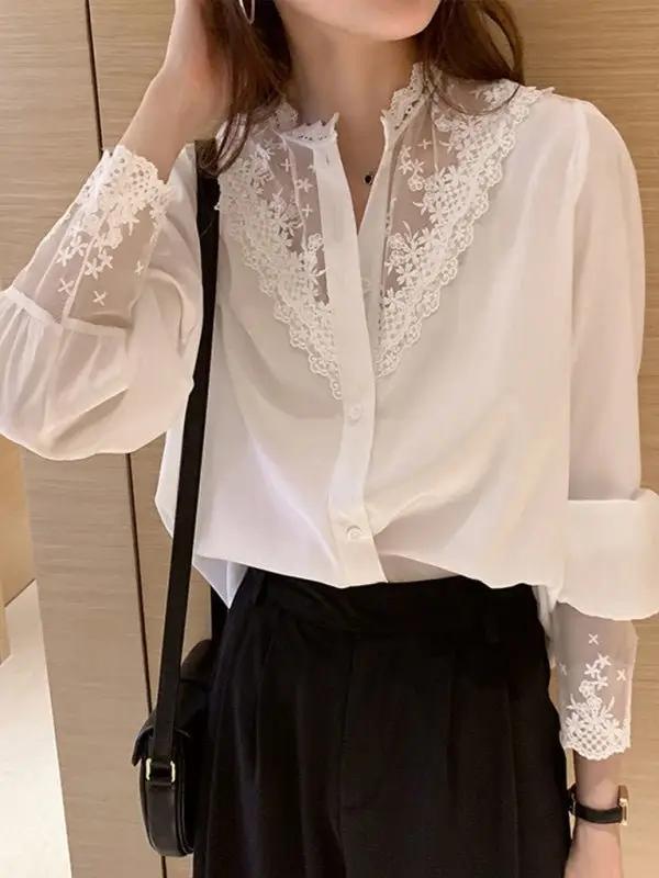 Langärmliges Spitzen-Chiffon-Einsatzoberteil für Damen