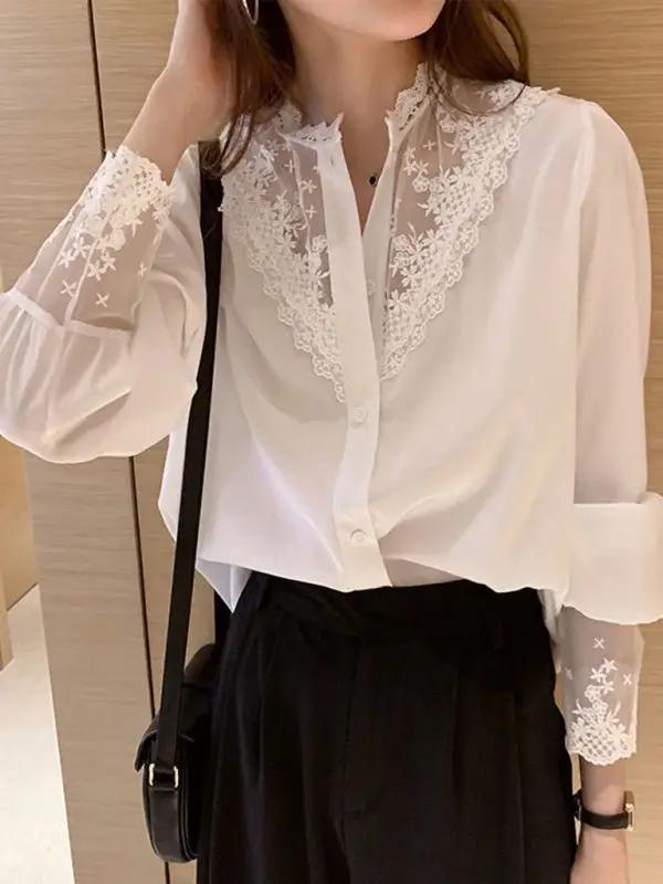 Langärmliges Spitzen-Chiffon-Einsatzoberteil für Damen