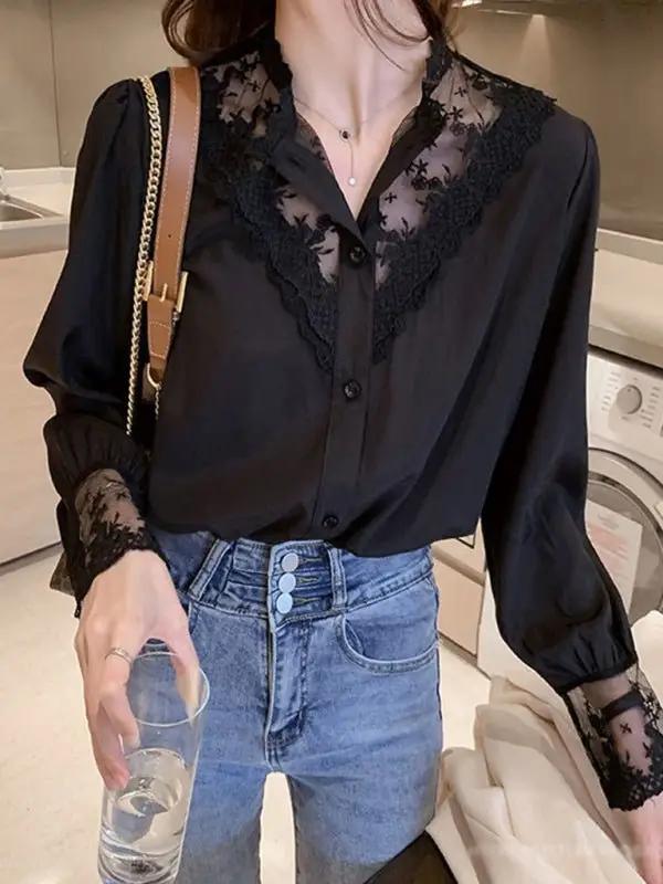 Langärmliges Spitzen-Chiffon-Einsatzoberteil für Damen