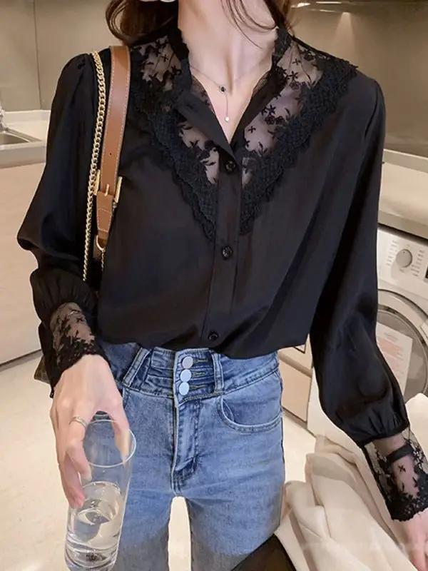 Langärmliges Spitzen-Chiffon-Einsatzoberteil für Damen