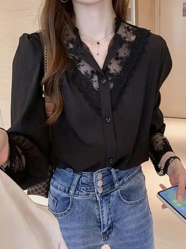 Langärmliges Spitzen-Chiffon-Einsatzoberteil für Damen