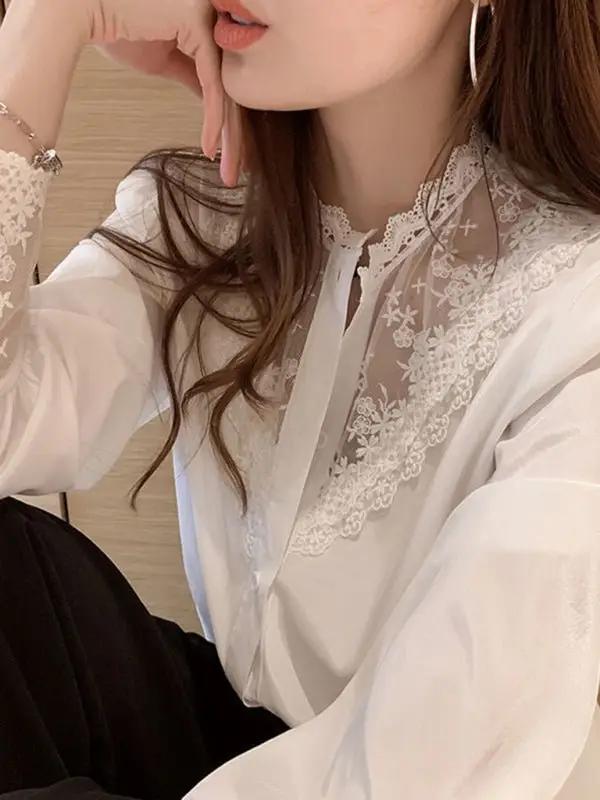 Langärmliges Spitzen-Chiffon-Einsatzoberteil für Damen