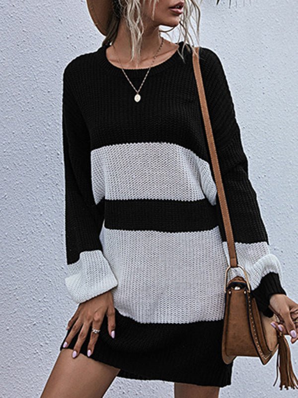 Langes, farblich passendes gestricktes Pulloverkleid für Damen mit Rundhalsausschnitt