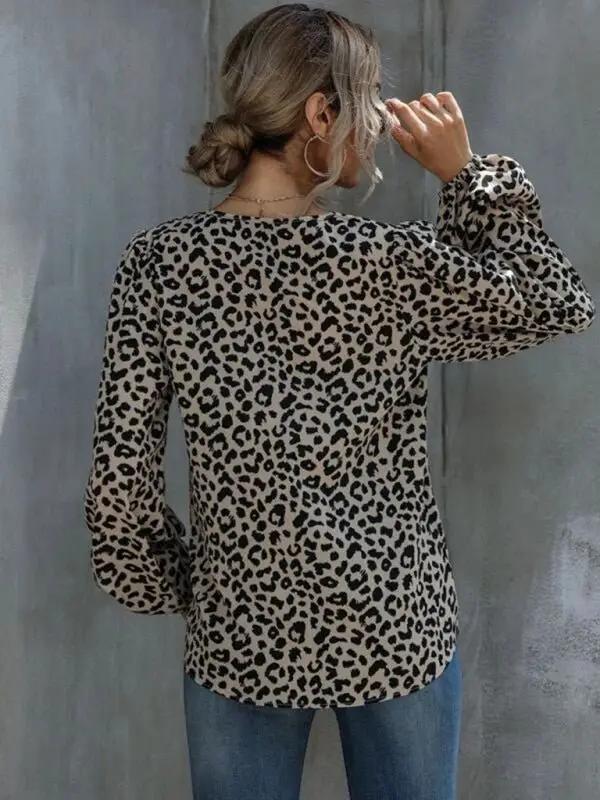 Women’s Loose Fit Leopard Print Vneck Blouse With Long Puffed Sleeves