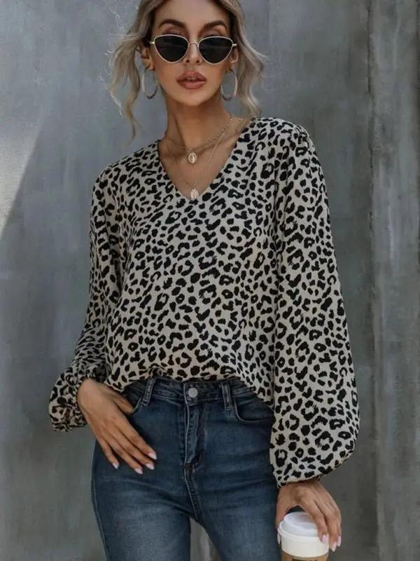 Women’s Loose Fit Leopard Print Vneck Blouse With Long Puffed Sleeves