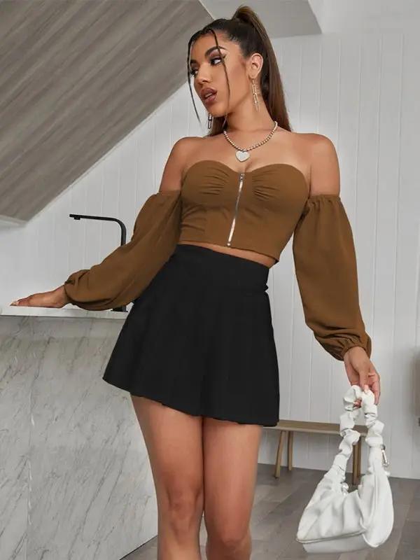 Femmes nombril épaule exposée lâche bouche serrée à manches longues fermeture éclair bustier tubulaire haut