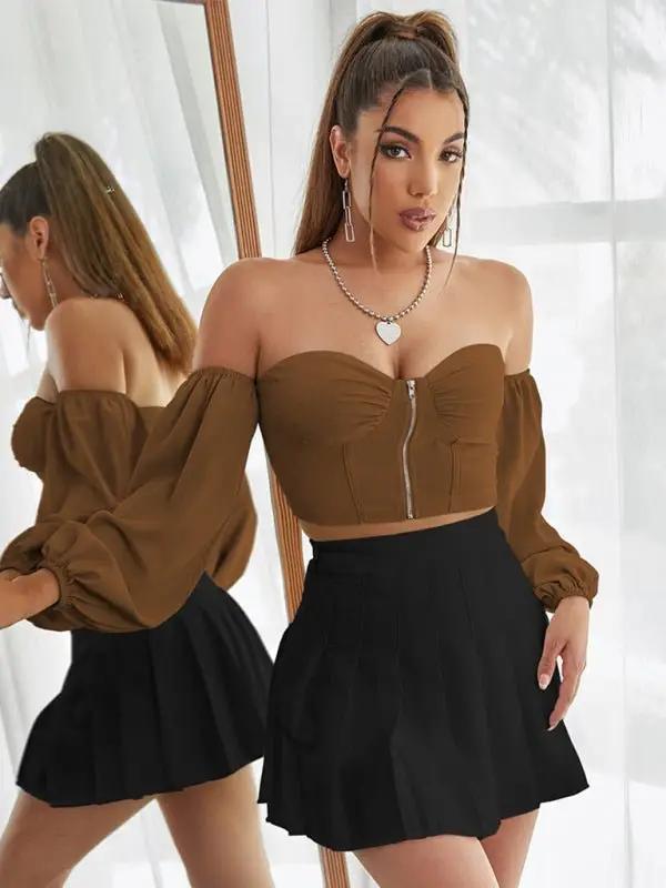 Femmes nombril épaule exposée lâche bouche serrée à manches longues fermeture éclair bustier tubulaire haut