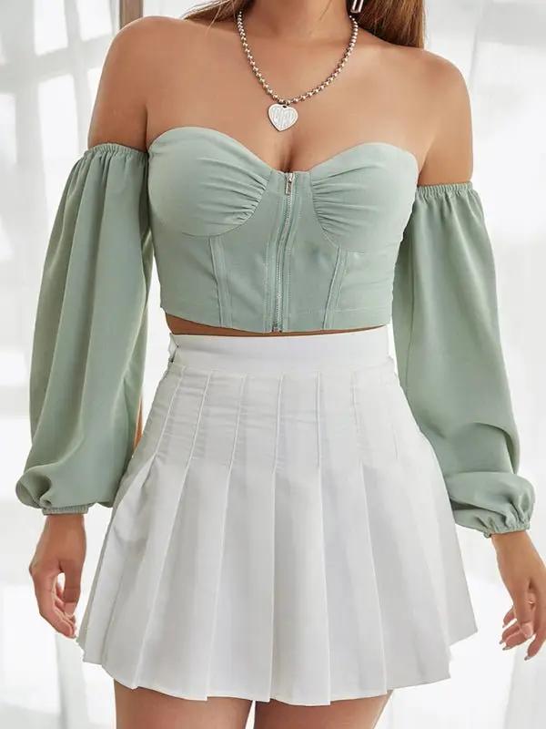 Femmes nombril épaule exposée lâche bouche serrée à manches longues fermeture éclair bustier tubulaire haut