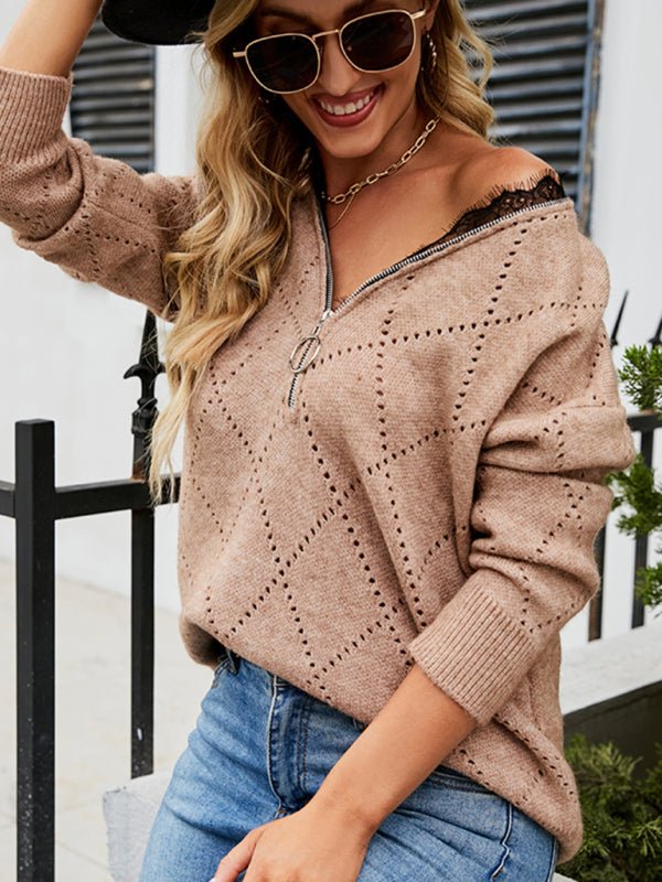 Women’s Open Knit Lace Trim V Neck Top Zipper Sweater
