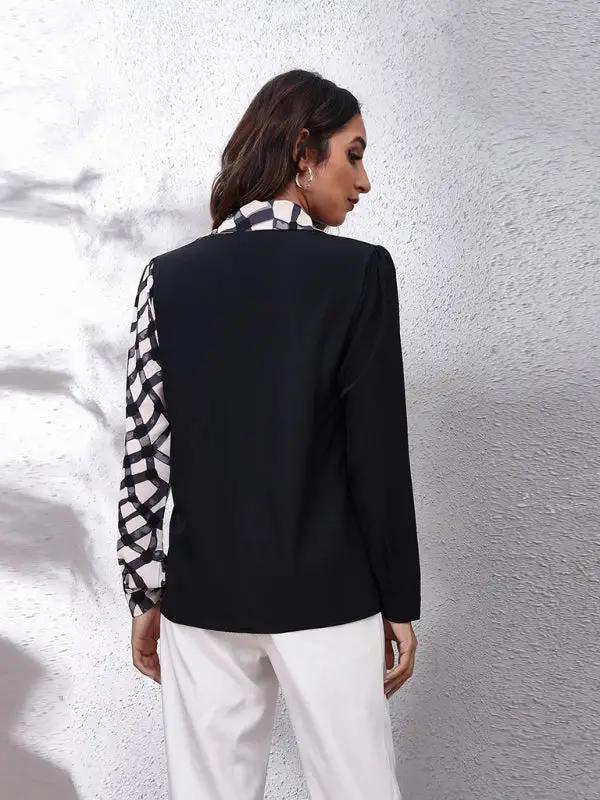 Chemise à manches longues à manches bulles cousues à carreaux pour femmes