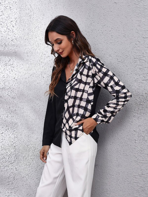 Chemise à manches longues à manches bulles cousues à carreaux pour femmes