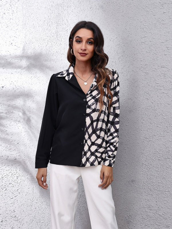 Chemise à manches longues à manches bulles cousues à carreaux pour femmes