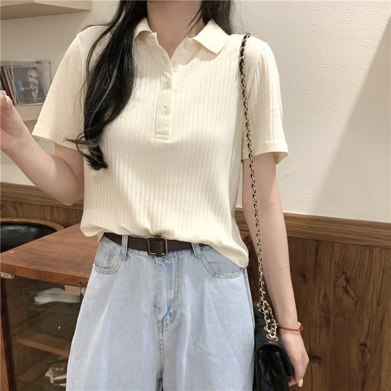 Women’s Ribbed Knit Short Sleeve Spread Collar Button Up Polo Top