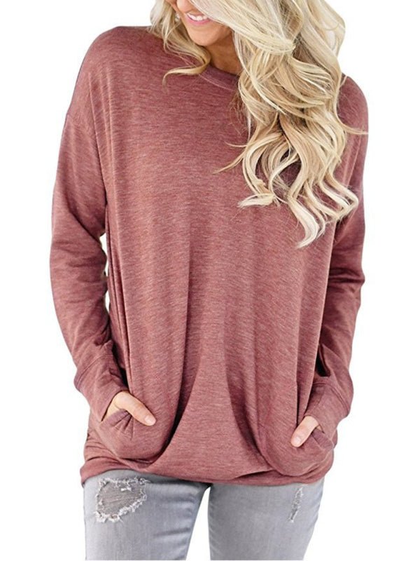 Damen Rundhals-Batman-Langarm-T-Shirt mit Tasche, einfarbig, lockeres T-Shirt