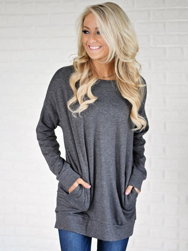 Damen Rundhals-Batman-Langarm-T-Shirt mit Tasche, einfarbig, lockeres T-Shirt