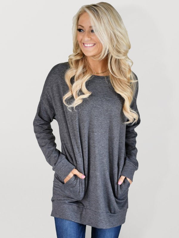 Damen Rundhals-Batman-Langarm-T-Shirt mit Tasche, einfarbig, lockeres T-Shirt