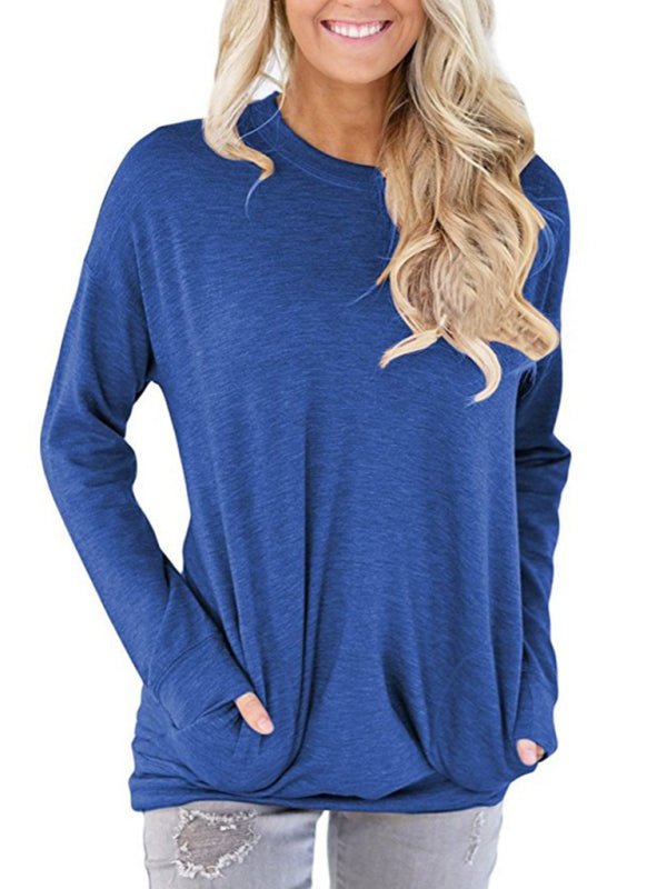 Damen Rundhals-Batman-Langarm-T-Shirt mit Tasche, einfarbig, lockeres T-Shirt