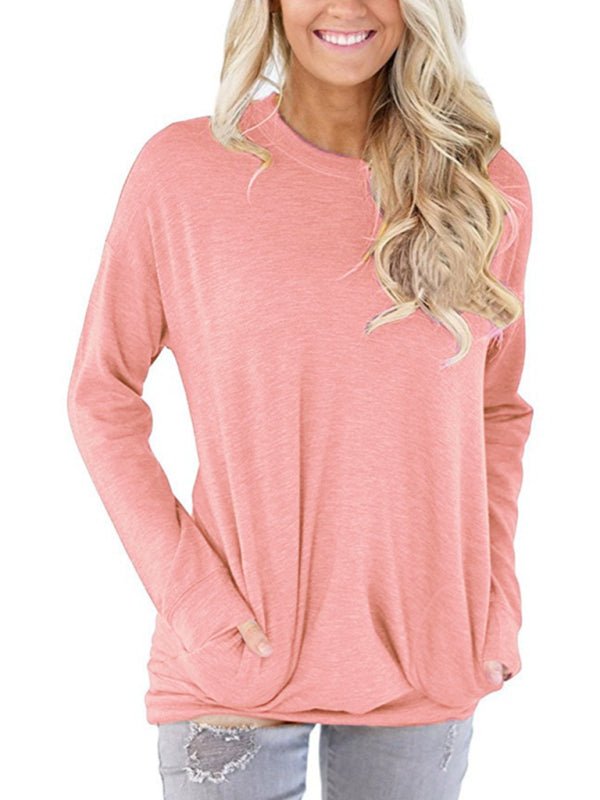 Damen Rundhals-Batman-Langarm-T-Shirt mit Tasche, einfarbig, lockeres T-Shirt