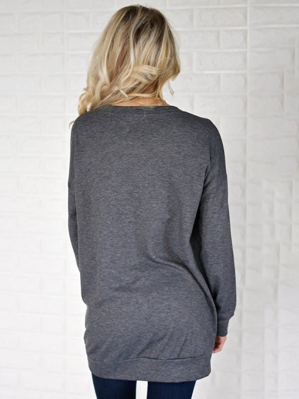 Damen Rundhals-Batman-Langarm-T-Shirt mit Tasche, einfarbig, lockeres T-Shirt