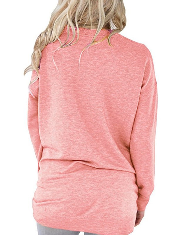 Damen Rundhals-Batman-Langarm-T-Shirt mit Tasche, einfarbig, lockeres T-Shirt