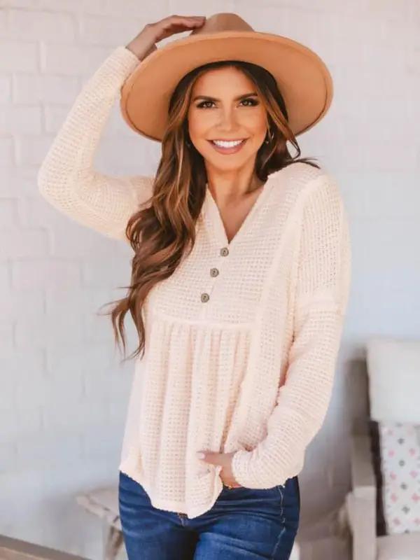Einfarbiges, geknöpftes Babydoll-Oberteil mit Waffelmuster für Damen und V-Ausschnitt