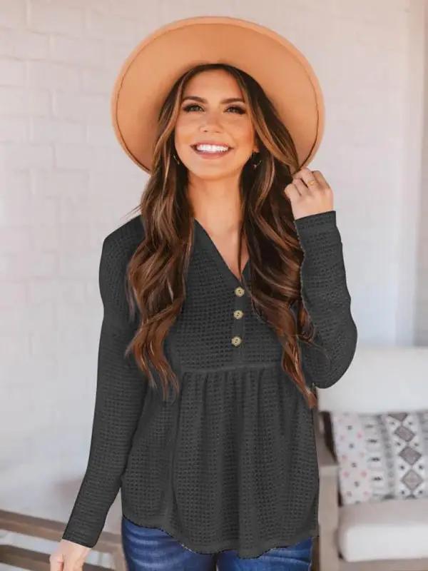 Einfarbiges, geknöpftes Babydoll-Oberteil mit Waffelmuster für Damen und V-Ausschnitt