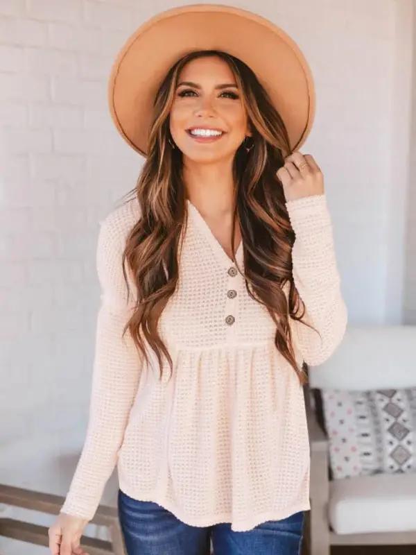 Einfarbiges, geknöpftes Babydoll-Oberteil mit Waffelmuster für Damen und V-Ausschnitt