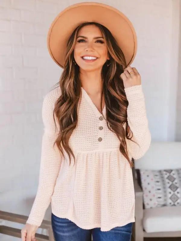 Einfarbiges, geknöpftes Babydoll-Oberteil mit Waffelmuster für Damen und V-Ausschnitt
